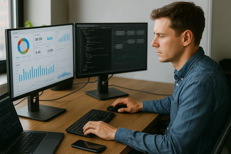 Developer reviewing Python notebooks and executive KPI charts on dual screens, illustrating a job-ready Python portfolio for data roles.